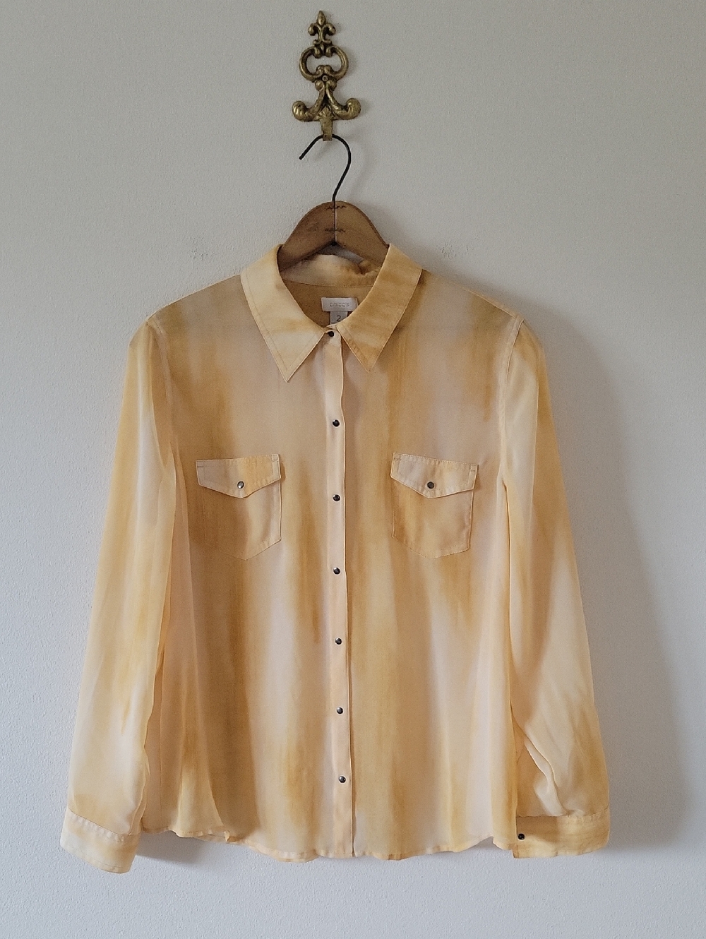 Chico's Sheer Yellow Watercolor‎ Rhonda Button Down Blouse Size Large
